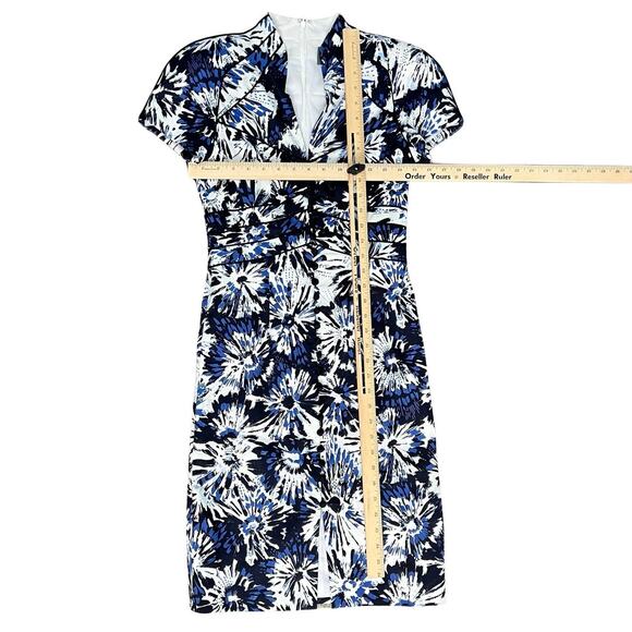 Theia Blue White Black Floral Faux Button Front Mandarin Collar Sheath Dress 2 - Picture 4 of 13